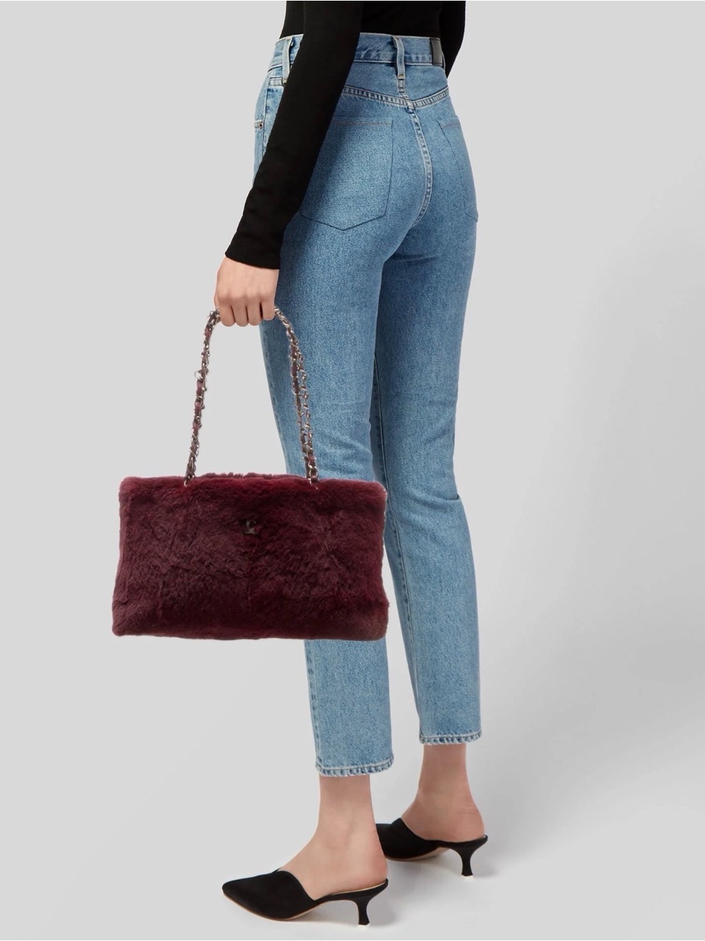 CHANEL Burgundy rabbit Fur Shoulder Bag with Chain Straps large